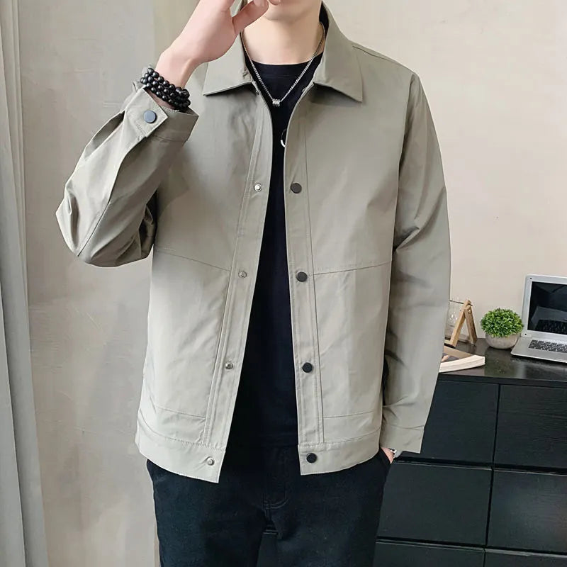 Men's single-layer Korean style polyester jacket in light gray, shown front-on.