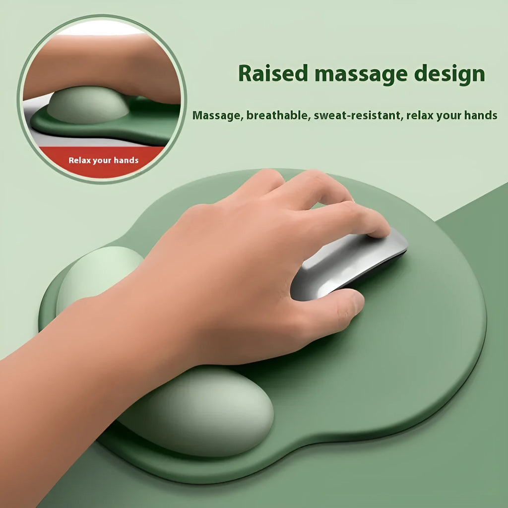 Silicone mouse mat with wrist support in gradient colour pattern on desk