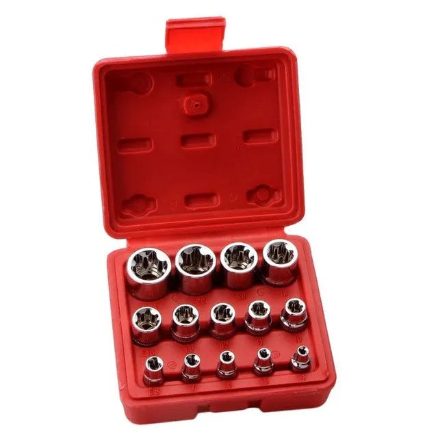 Red toolbox containing a 14-piece chrome vanadium steel E-type socket set for repair work.