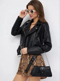 Women's black retro-style PU leather jacket with regular sleeves on a model.