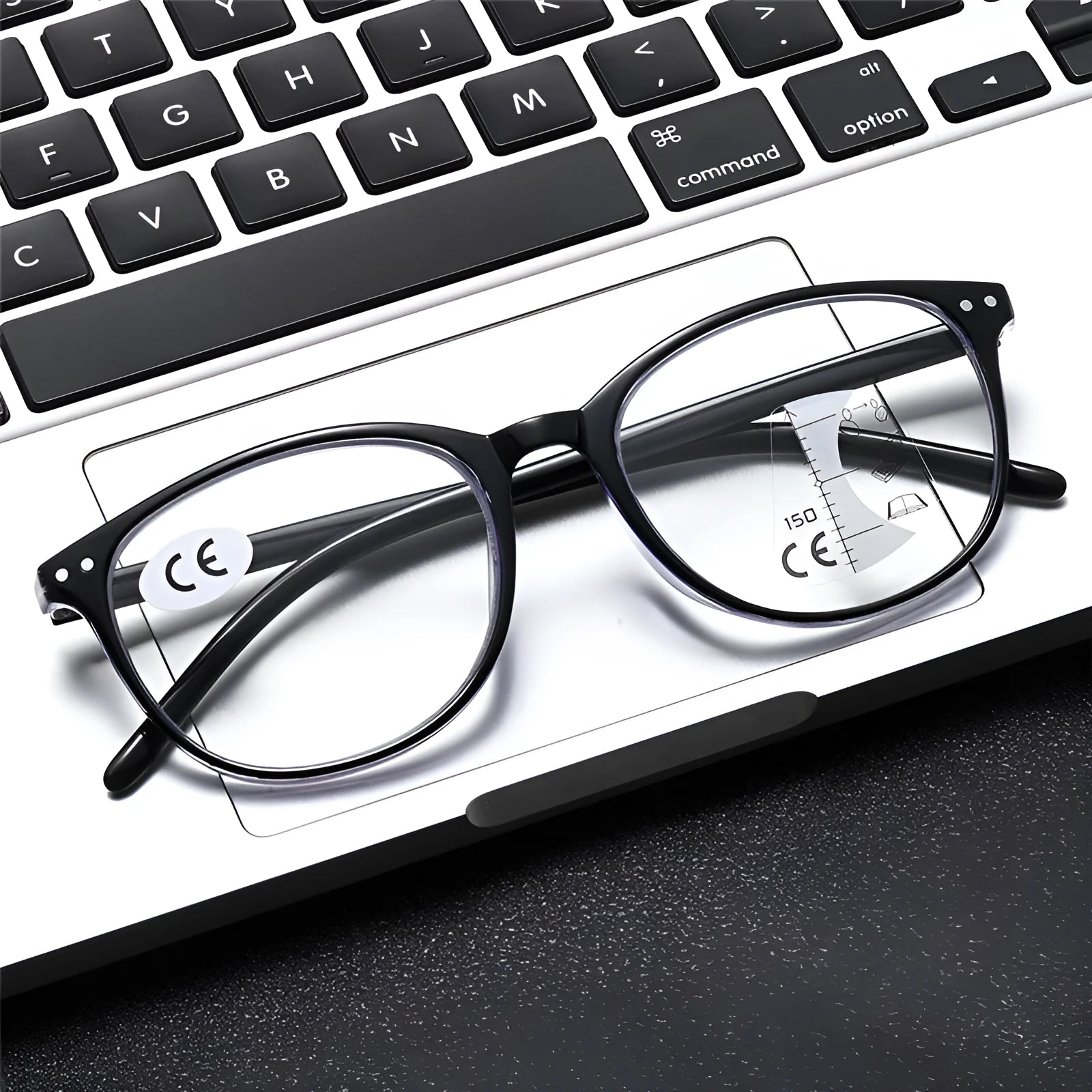 Women's ultra-light multi-focus presbyopic glasses in a choice of five frame colours on a plain background.