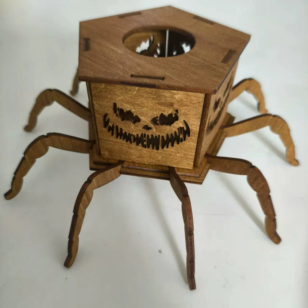Wooden Halloween spider lantern candlestick decoration measuring 21cm tall