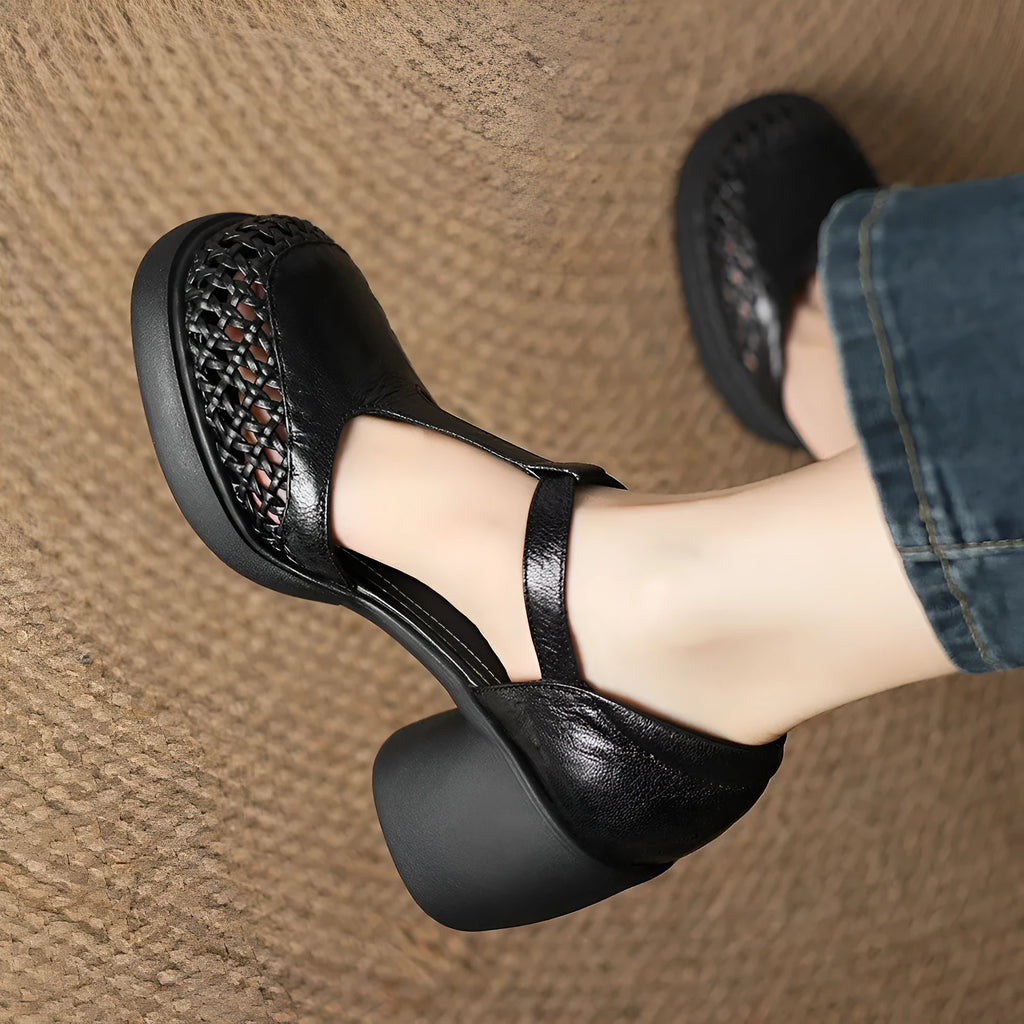 Round head black T-strap chunky high heel sandals with adjustable buckle on foamed rubber sole