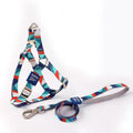 Dog harness and leash set in polyester fabric showing blue, pink and green colour options