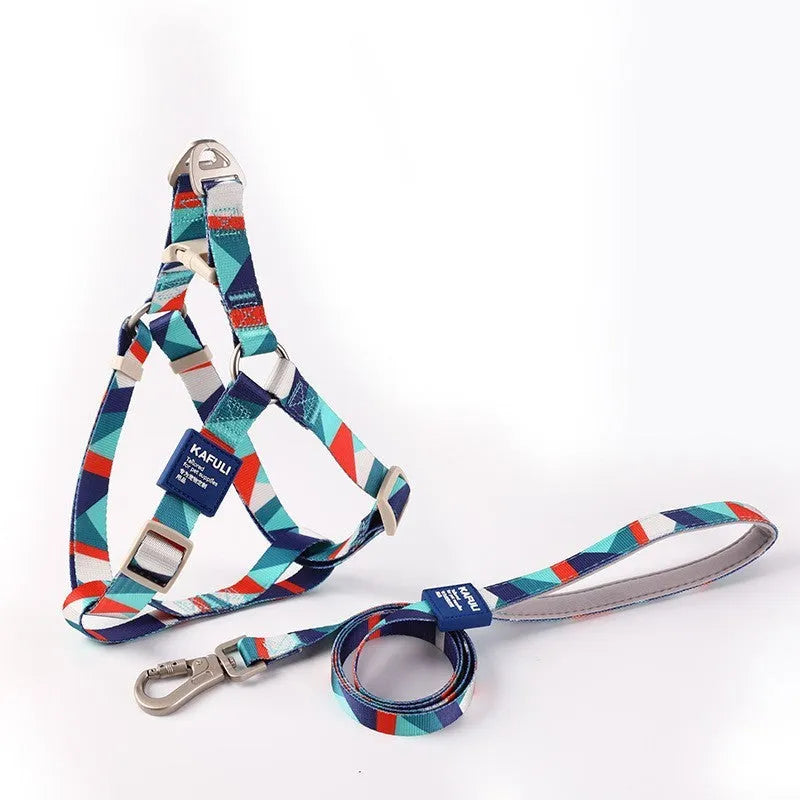 Dog harness and leash set in polyester fabric showing blue, pink and green colour options