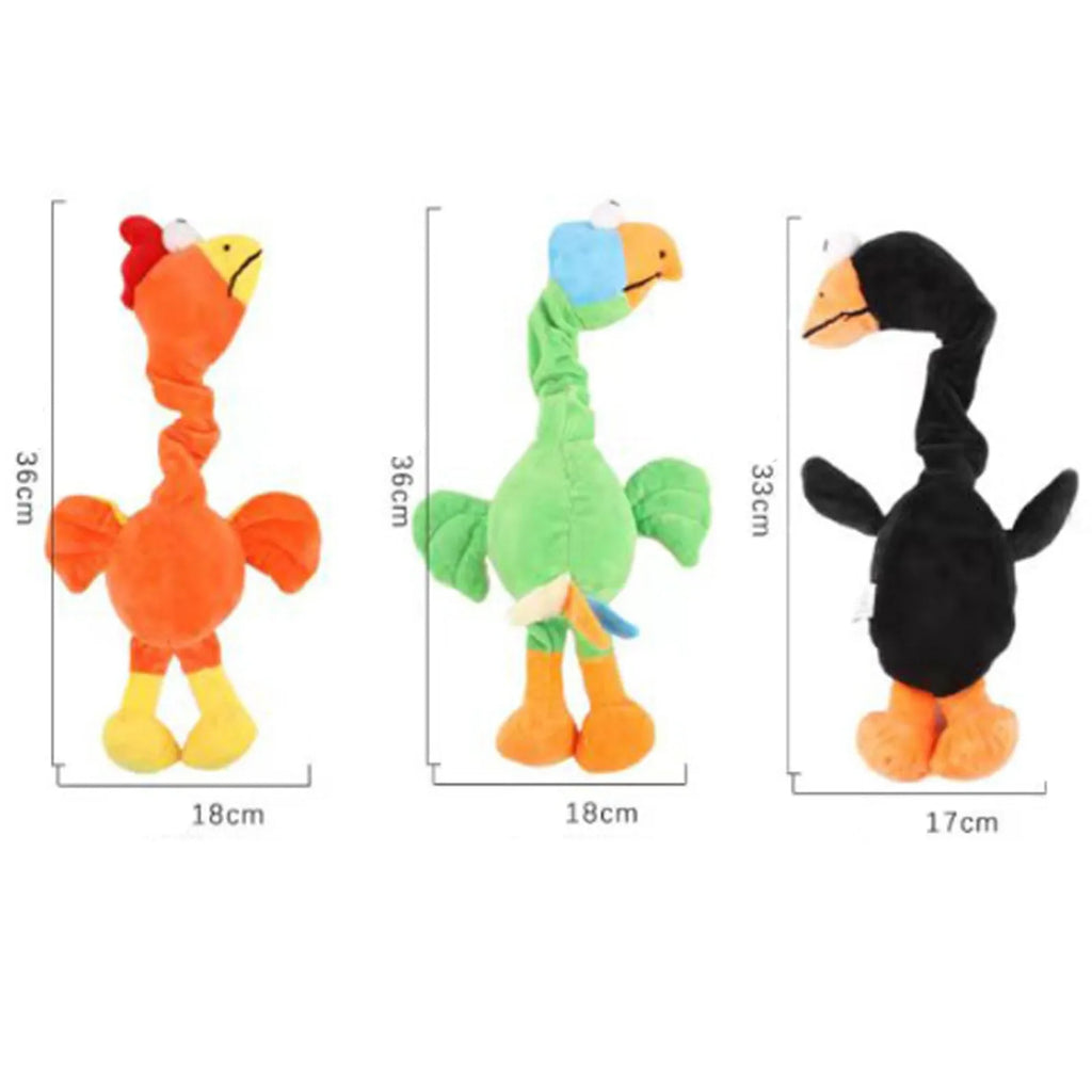 Screaming chicken sound dog toy in black, green, or orange colours