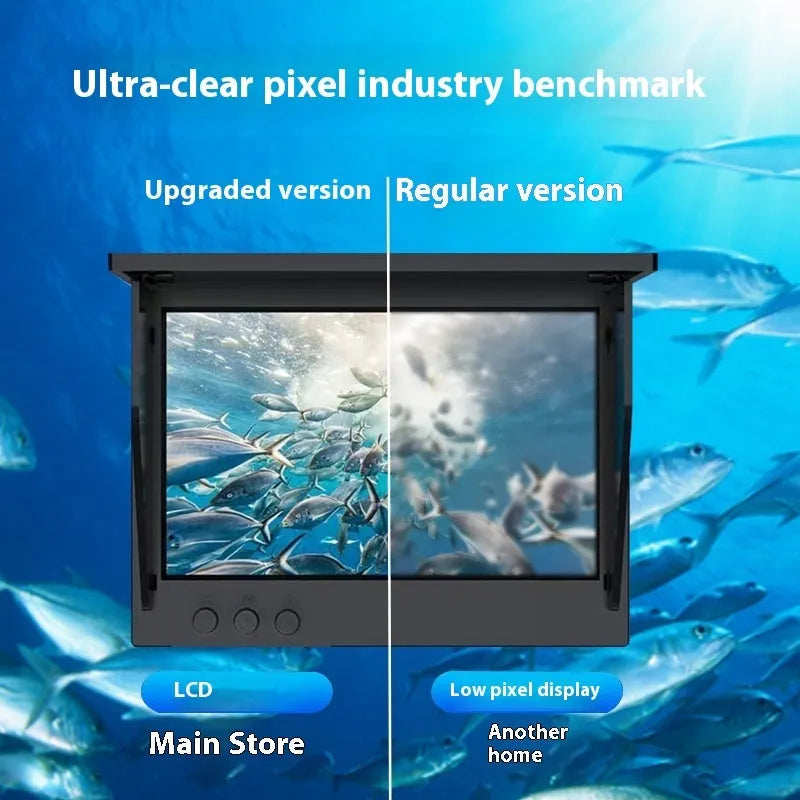 Underwater fishing camera with 4.3-inch screen, camera unit, and coiled cable on a fishing boat deck