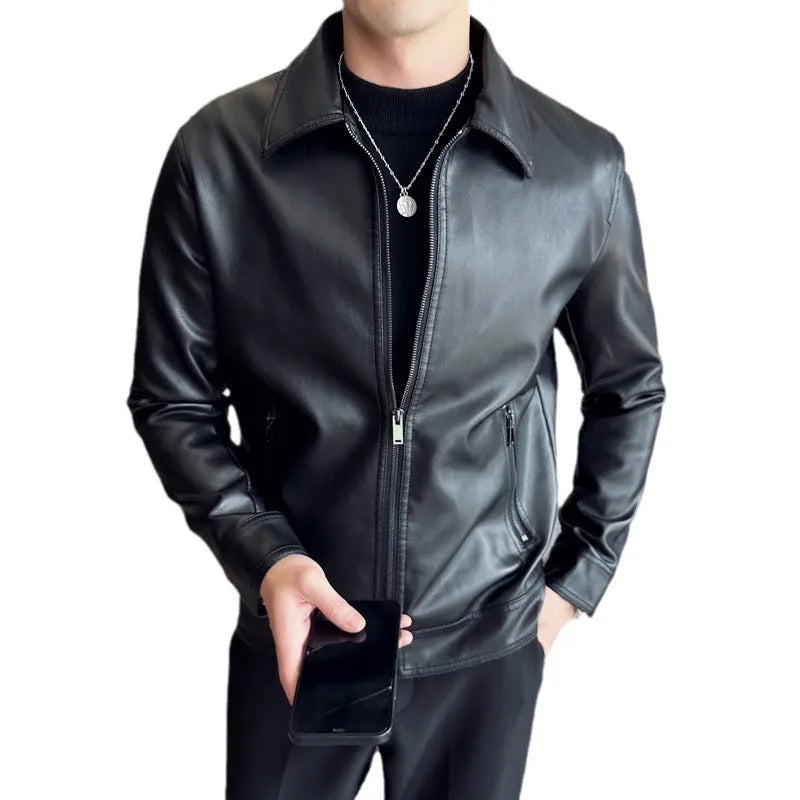 Men's black PU leather casual jacket with zipper pockets and a loose fit.