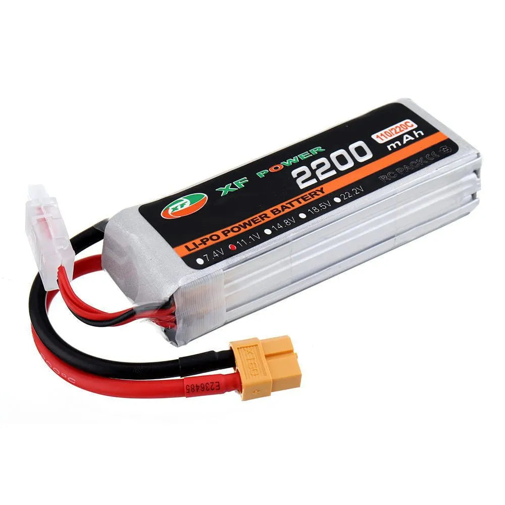 XF Power black 14.8V 1000mAh lithium drone battery with XT60 plug on a white background.
