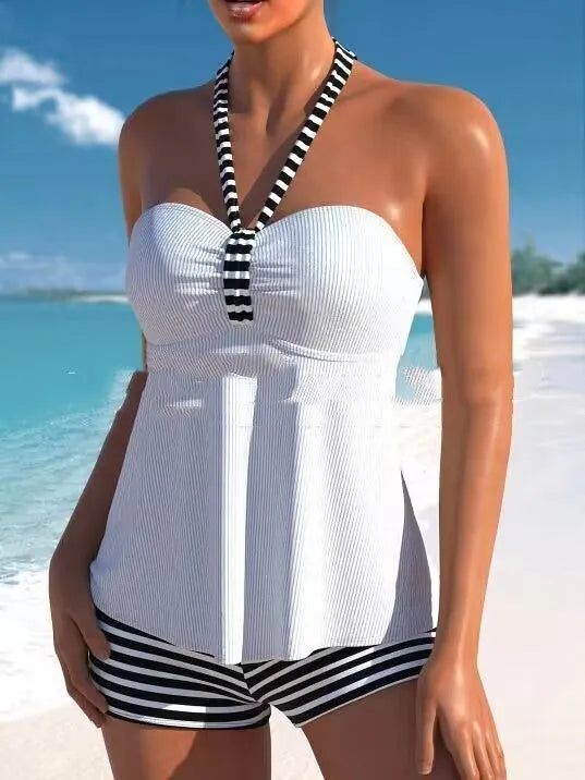 Women's off-shoulder swimsuit in briefs style with green, lake blue, white and striped colour options