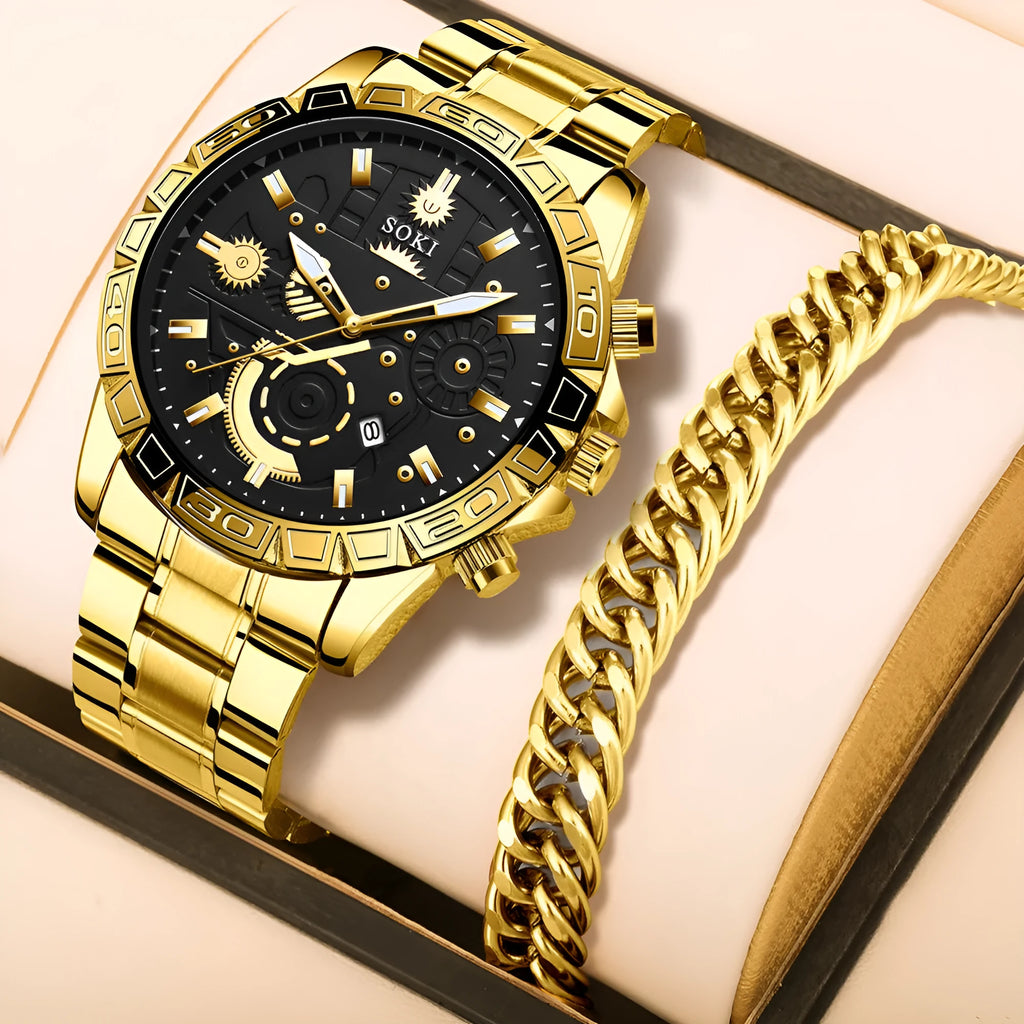 Gold men's business quartz watch with stainless steel strap on a wrist