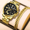 Gold men's business quartz watch with stainless steel strap on a wrist