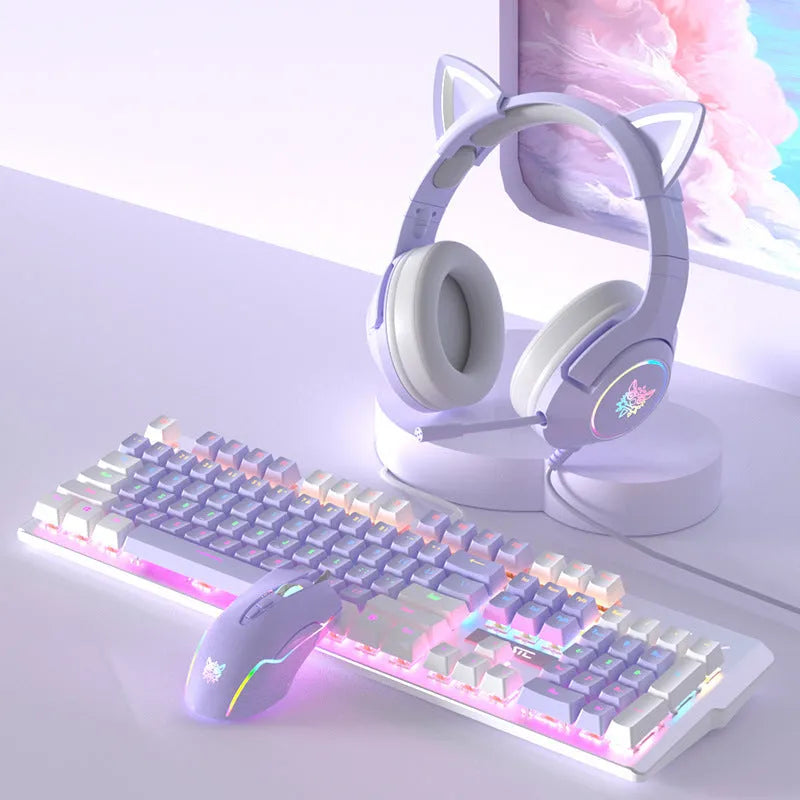Purple and white mechanical keyboard and mouse combo with backlight illumination and headphones