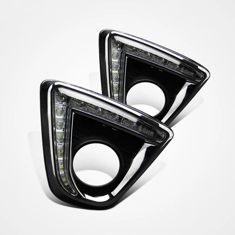 Set of two silver electroplated daytime running light units for a Mazda CX-5 car.