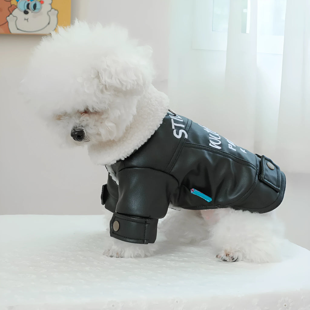 Large fur coat dog clothing with fleece lining and padding in beige, black or suede style