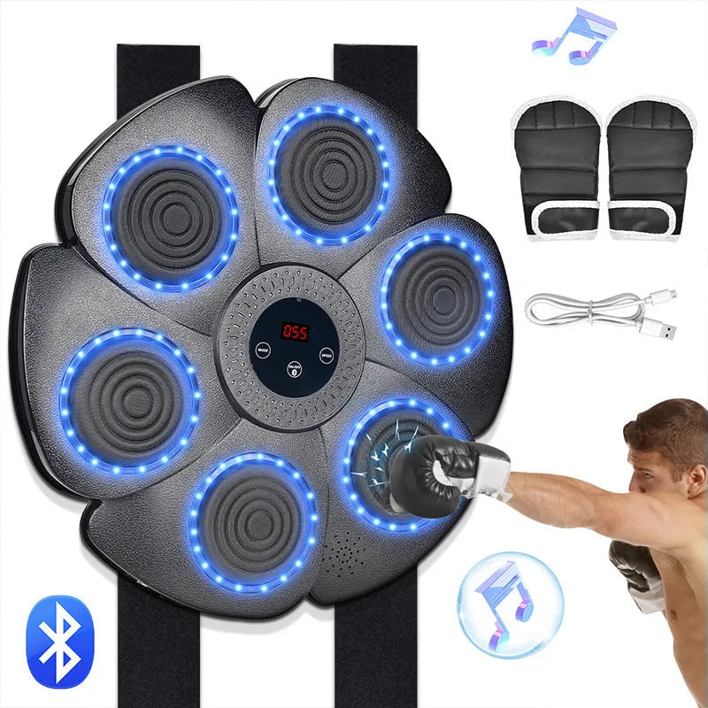 Black smart boxing wall target with lights, paired with half-finger boxing gloves, for indoor training.