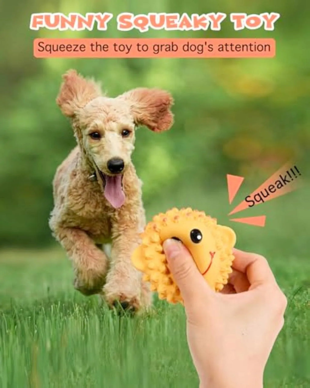 Orange and yellow spiky latex dog toy with animal design, shown next to a measuring tape showing 3 inch diameter.