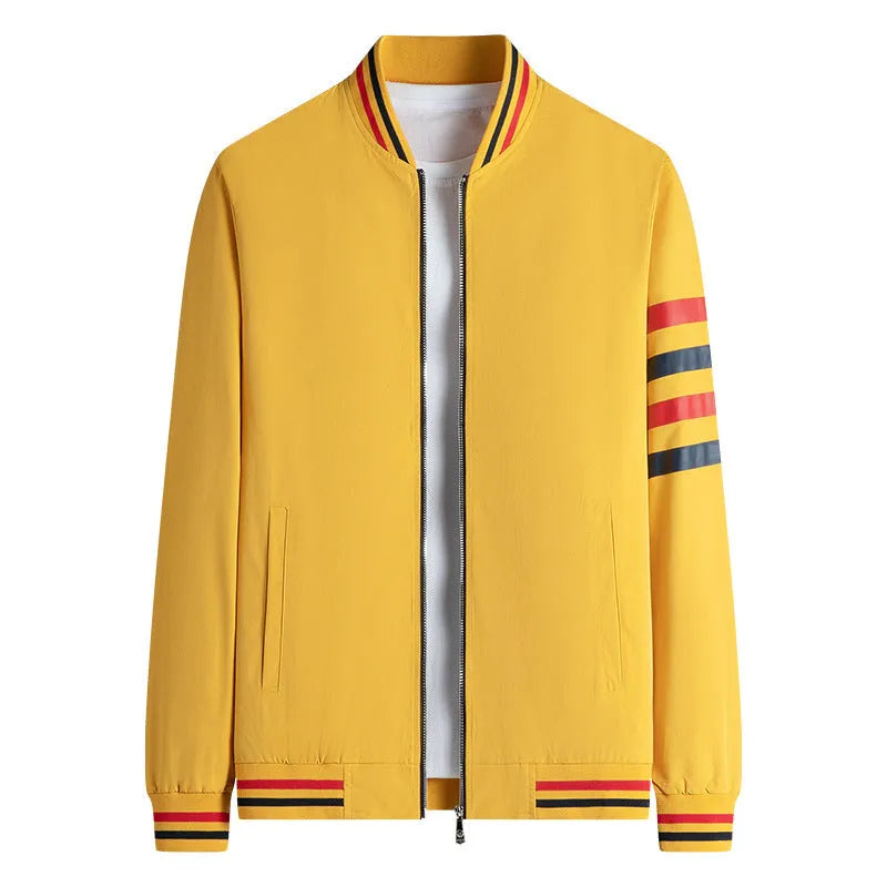 Men's baseball collar jacket with four-bar TB design in khaki, yellow, and black colours