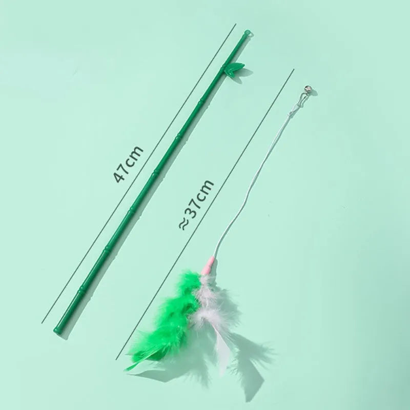 Green interactive cat feather wand toy with bells and a comfortable grip handle