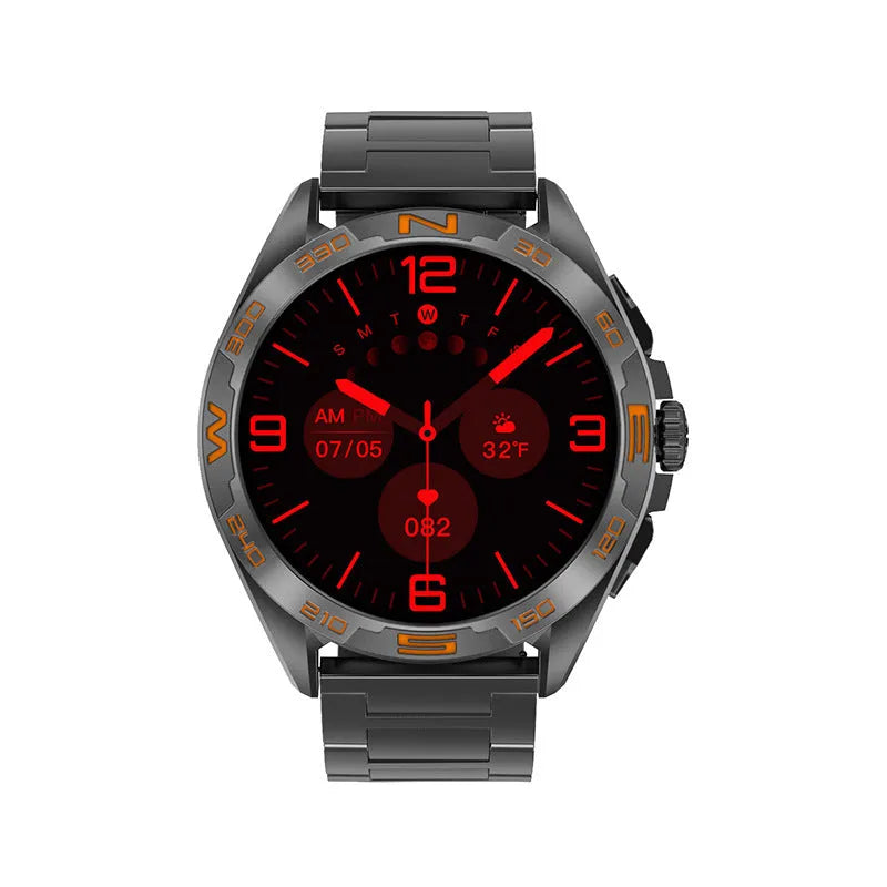 Smart watch displaying health metrics on its IPS screen, shown in a black steel colour variant with a standard strap.