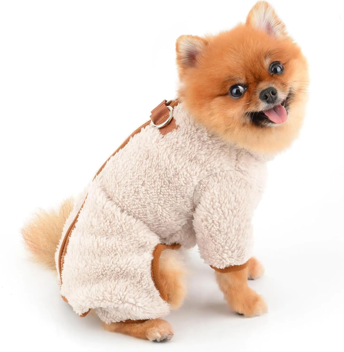 Green plush fleece dog jumpsuit coat with four legs and a back zipper, shown on a small dog.