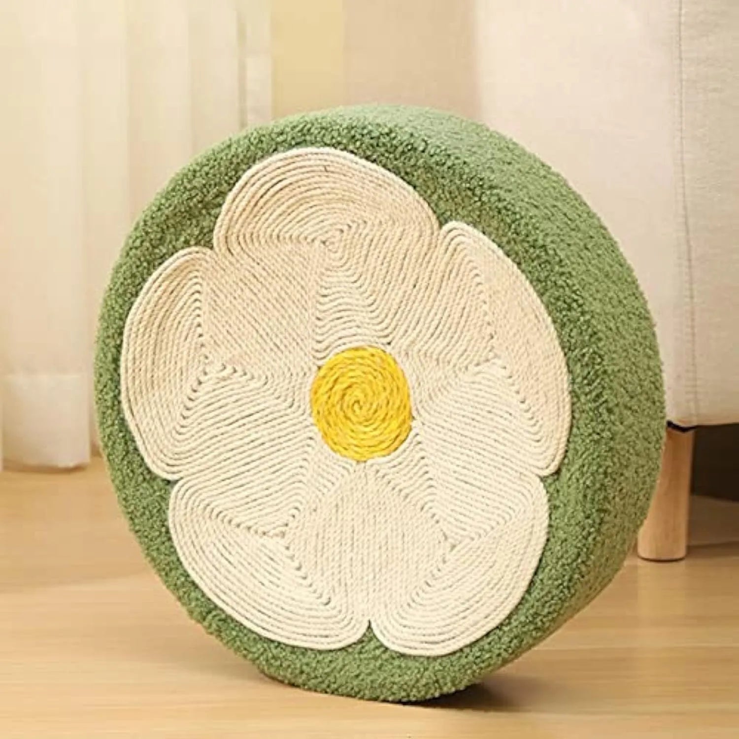 Green round cat scratcher bowl bed made of sisal fabric.