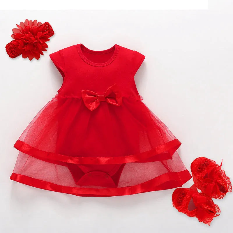 Korean style baby girl red lace princess dress with matching red shoes and large flower hairband