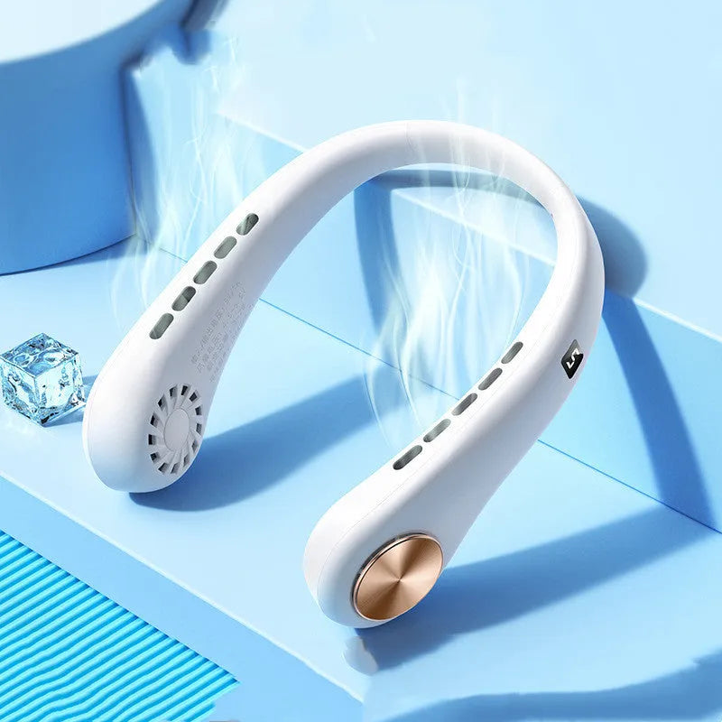 White bladeless neck fan worn around the neck showing its annular air outlet and modern design