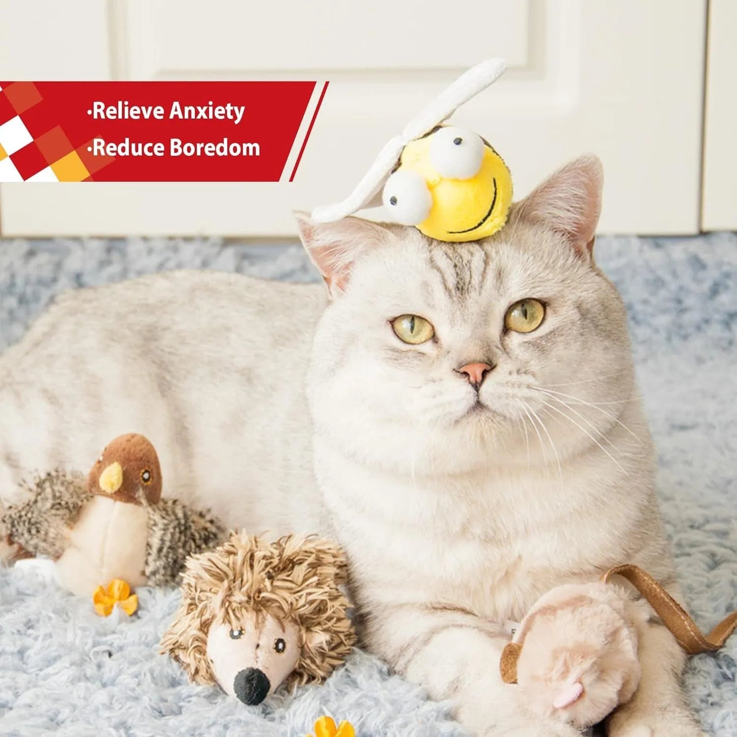 Yellow flannelette bee-shaped electronic cat toy that squeaks when touched