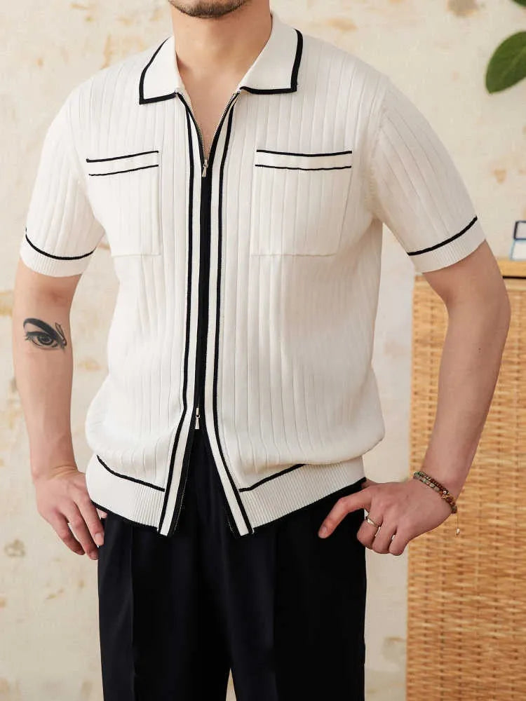 Slim fit short sleeve polo shirt with a lapel collar in black and white colours