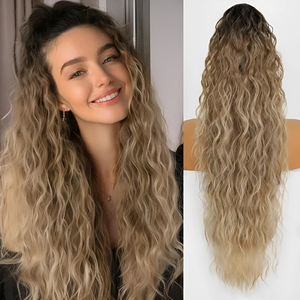 Long curly synthetic ponytail wig in high temperature fibre, 30 inches in length.