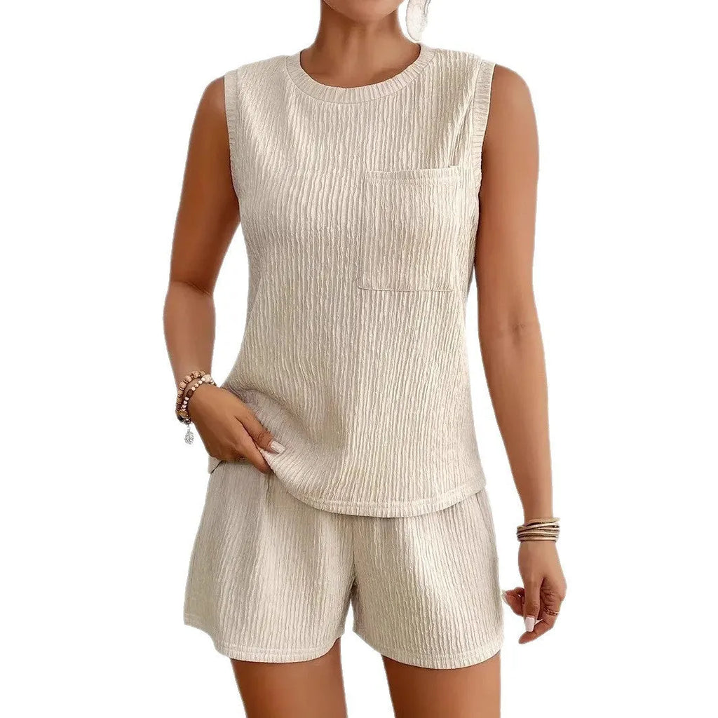 Women's apricot sleeveless vest and loose shorts co-ordinated set on a hanger