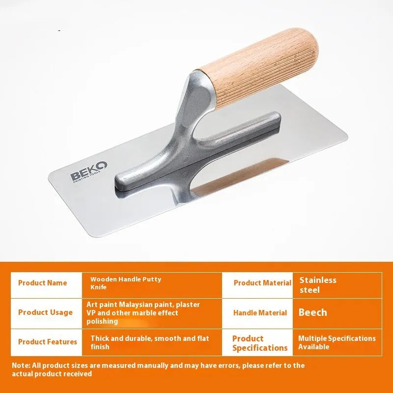 Set of three stainless steel putty scrapers with wooden handles in 70mm, 80mm, and 110mm blade sizes.