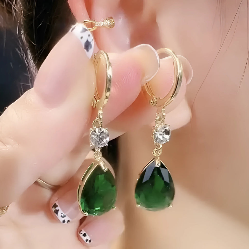 Green geometric teardrop drop earrings with alloy metal construction