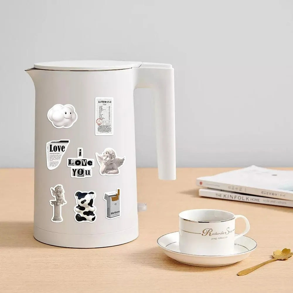 61-piece black and white PVC waterproof sticker pack for laptops and coffee cups