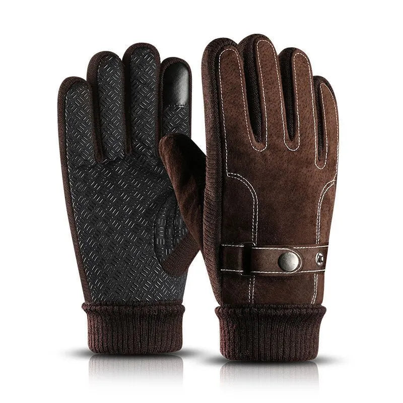 Men's genuine pigskin leather touch screen gloves in brown with fleece lining for winter warmth