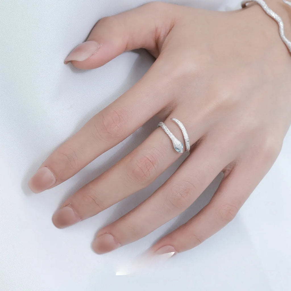 Adjustable opening silver snake ring with electroplated platinum colour finish