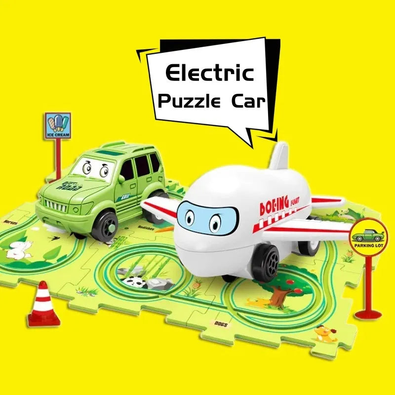 Children puzzle electric railroad speeder with DIY assembly track and automatic car, dinosaur theme