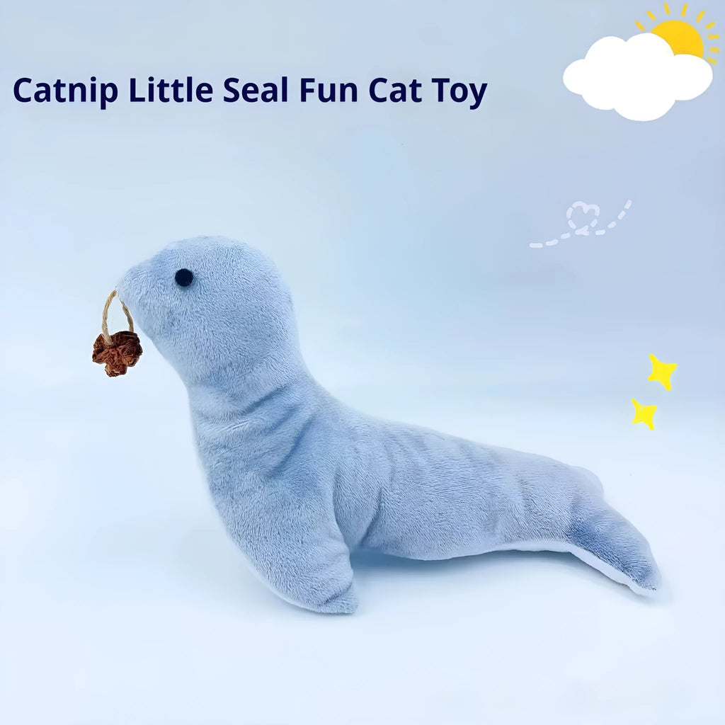 Blue sea lion plush cat toy with bell and catnip filling for play and teething.