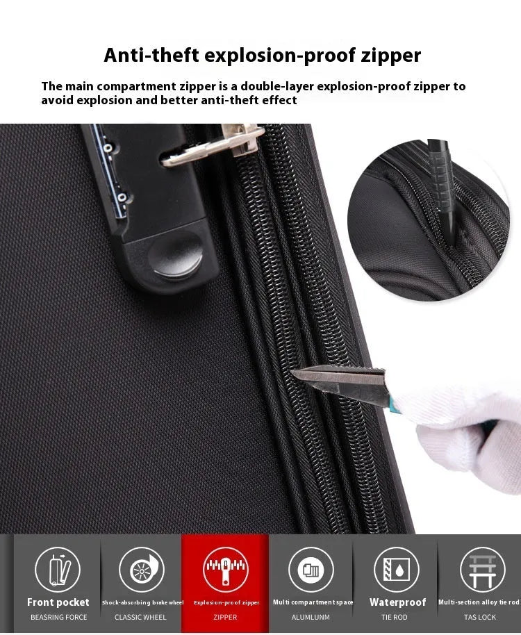 Black 18-inch oxford cloth business luggage suitcase with a retractable handle and wheels.
