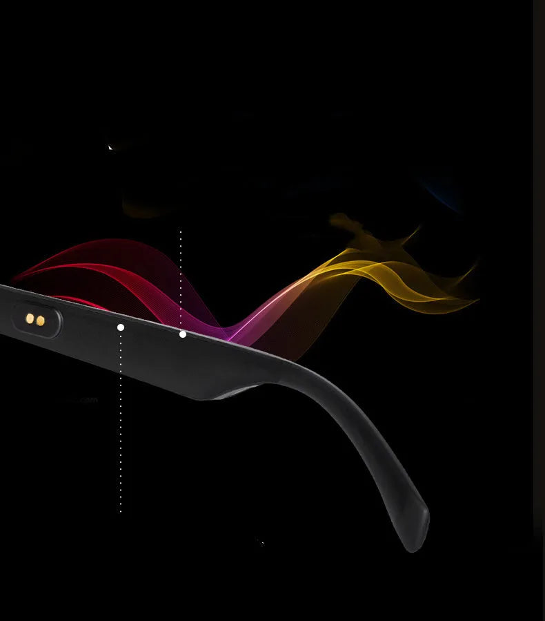 Smart sunglasses with open-ear Bluetooth speakers and polarised lenses on a table with charging case.