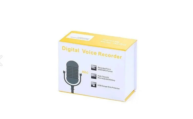 Compact black digital voice recorder with display showing recording time