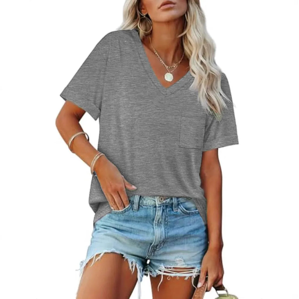 Grey loose-fit V-neck T-shirt with a chest pocket on a solid background