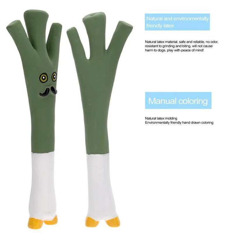 Latex cartoon vegetable dog chew toy shaped like an onion and eggplant in green, orange, or purple.