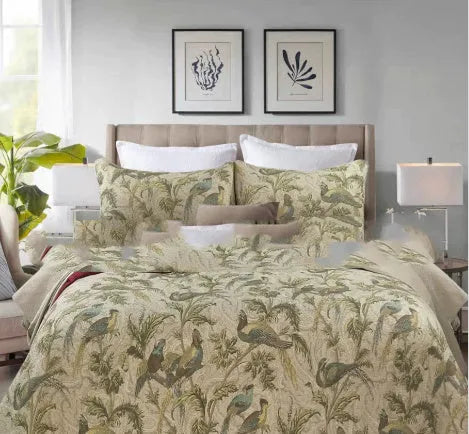 Blue American-style cotton bedspread with floral bird pattern, part of a 3-piece quilted set.