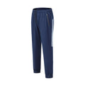Black and navy blue men's polyester running trousers with mid-waist and long leg
