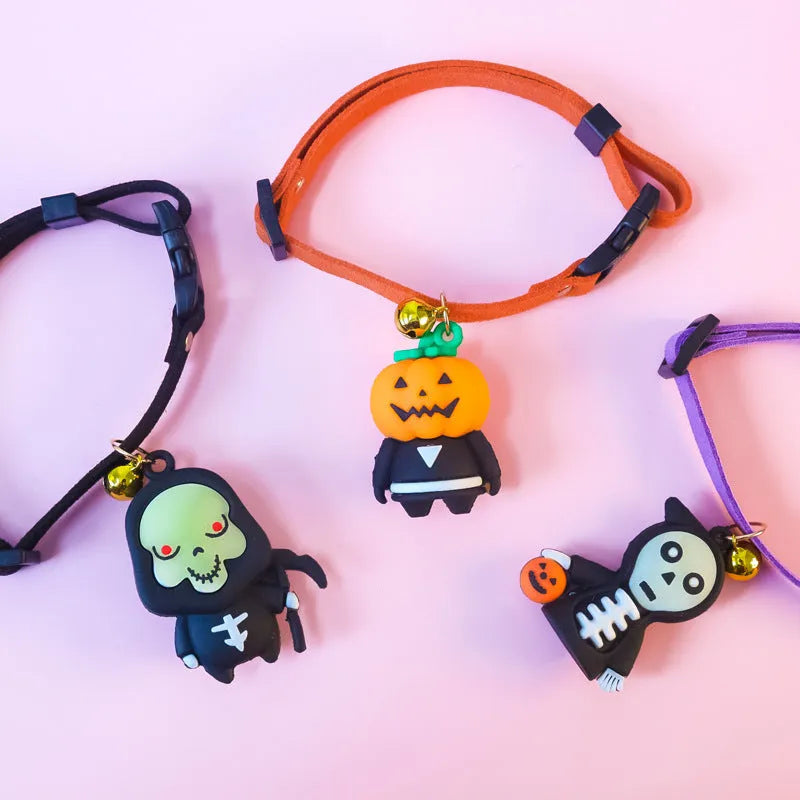 Halloween dog collar decoration showing pumpkin man, luminous brat, and luminous skull cartoon patterns on polyester fabric