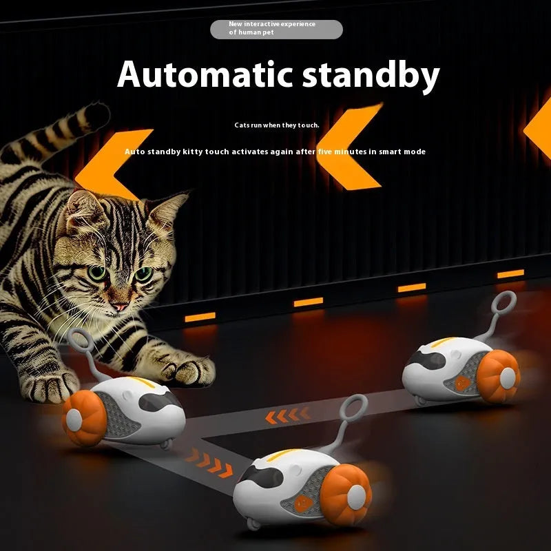 Remote control car cat toy with feather attachment in orange or blue colour options