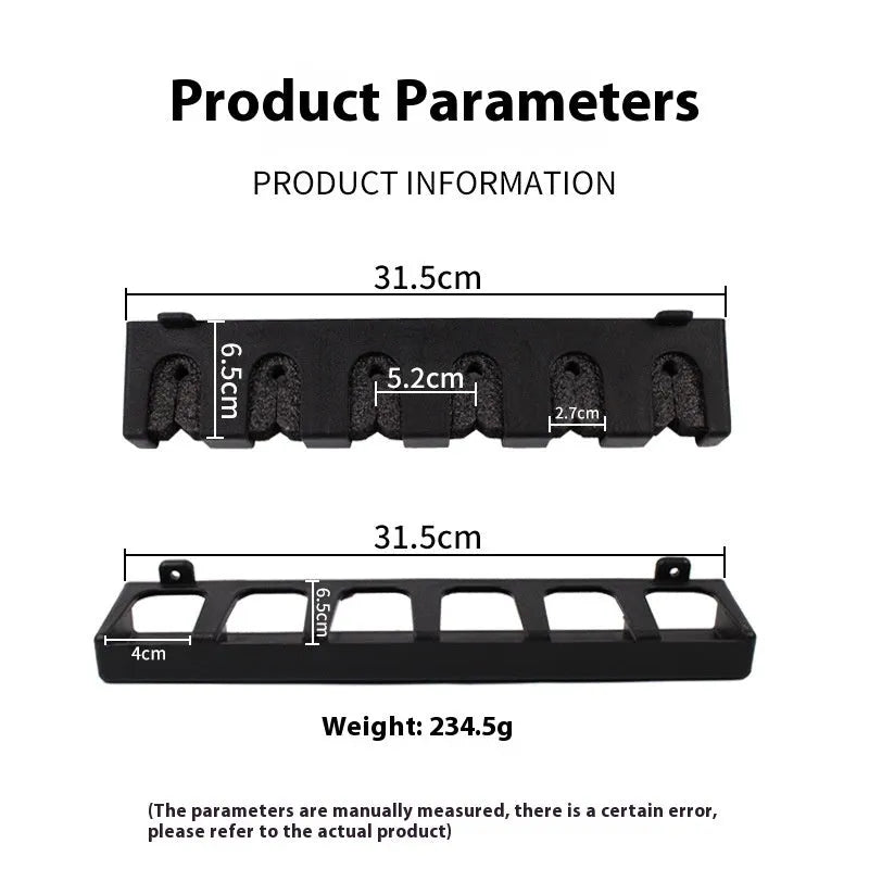 Black ABS plastic wall-mounted fishing rod holder in horizontal and upright frame styles