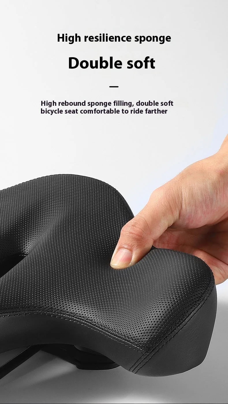 Black leather bicycle saddle cushion with thick polyurethane foam padding.